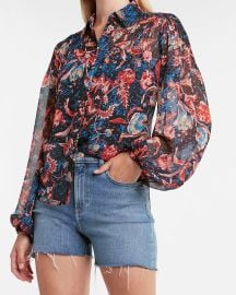 Sheer Floral Balloon Sleeve Pintuck Shirt at Express