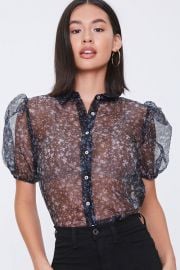 Sheer Floral Print Puff Sleeve Shirt at Forever 21