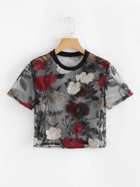 Sheer Mesh Floral Embroidered Crop Top by Shein at Shein