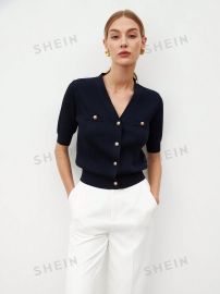 Shein BIZwear Casual Ladies Short Sleeve Knitted Blouse With Single Breasted Closure at Shein