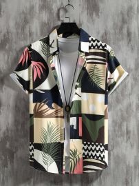 Shein Color Block Tropical Print Shirt at Shein