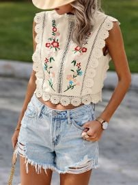 Shein Lune Flower Embroidered Top in Khaki at Shein