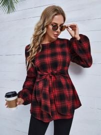 Shein Maternity Tartan Print Knot Front Lantern Sleeve Blouse at Shein