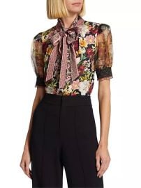 Shop Alice Olivia Brently Floral Tie-Neck Puff-Sleeve Top at Saks Fifth Avenue