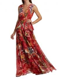 Shop Badgley Mischka Floral Ruffled V-Neck Gown at Saks Fifth Avenue