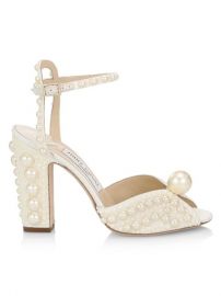 Shop Jimmy Choo Sacaria Faux Pearl-Embellished Satin Peep-Toe Sandals up to 70 Off at Saks Fifth Avenue