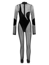 Shop LaQuan Smith Asymmetric Mesh Velvet Illusion Catsuit at Saks Fifth Avenue