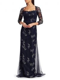 Shop Teri Jon by Rickie Freeman Mesh Long-Sleeve Embroidered Floral Gown at Saks Fifth Avenue