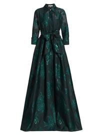 Shop Teri Jon by Rickie Freeman Three-Quarter Sleeve Metallic Jacquard Shirt Waist Gown at Saks Fifth Avenue