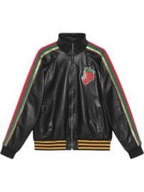 Shop black Gucci Leather bomber jacket with Gucci Strawberry with Express Delivery - at Farfetch