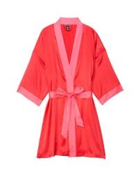 Short Satin Kimono in Ignited W/Neon Hot Pink Trim at Victorias Secret