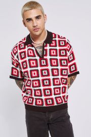 Short Sleeve Boxy Fit Revere Crochet Polo boohooMAN USA at BoohooMan