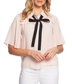 Short Sleeve Collared Ruffle Tie Neck Blouse by Cece at Dillards