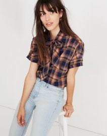 Short-Sleeve Tie-Neck Shirt in Junipero Plaid at Madewell