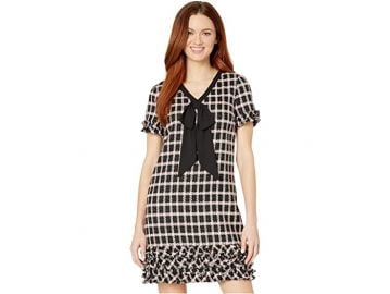 Short Sleeve V-Neck Grid Tweed Dress with Tie at Zappos