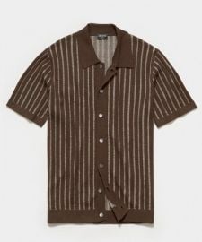 Short Sleeve Vertical Stripe Full Placket Sweater Polo in Brown - at Todd Snyder