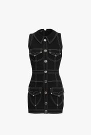 Short black denim dress with gold-tone buttons at Balmain