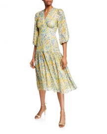 Shoshanna Aceline Printed V-Neck Blouson-Sleeve Midi Dress at Neiman Marcus