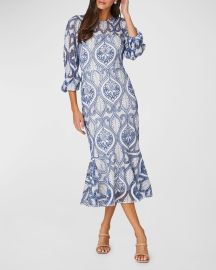 Shoshanna Adelia Embroidered Blouson-Sleeve Midi Dress at Neiman Marcus