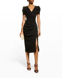 Shoshanna Caldwell Ruched Puff-Sleeve Midi Dress at Neiman Marcus