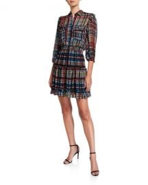 Shoshanna Selina Printed 3 4-Sleeve Smock-Waist Fit- amp -Flare Dress at Neiman Marcus