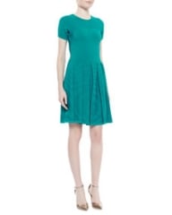 Shoshanna Short-Sleeve Fit-and-Flare Sweater Dress Caribbean Green at Neiman Marcus