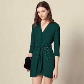 Shoulder pad dress with rhinestone belt at Sandro