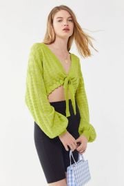 Sienna Tie-Front Balloon Sleeve Cropped Sweater at Urban Outfitters