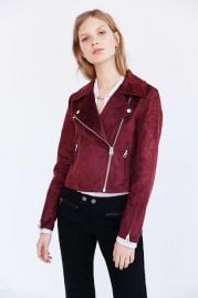 Silence and Noise Vegan Suede Biker Jacket in Maroon at Urban Outfitters