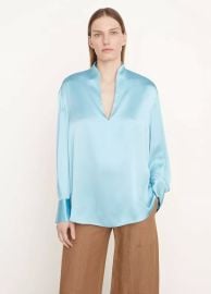 Silk Long Sleeve Split-Neck Top in Shirts amp Tees at Vince