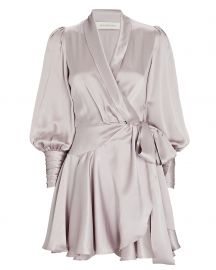 Amanda's light purple satin wrap dress ...