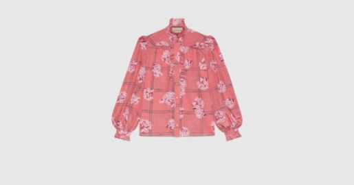 Silk ruffle shirt with floral print in pink   US at Gucci