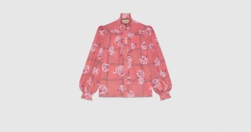 Silk ruffle shirt with floral print in pink  GUCCI US at Gucci