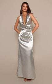 Silver Cowl Neck Satin Maxi Dress PrettyLittleThing USA at Pretty Little Thing