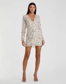 Silver Long Sleeve Beaded Fringe Plunge Neck Dress Mac Duggal at Mac Duggal