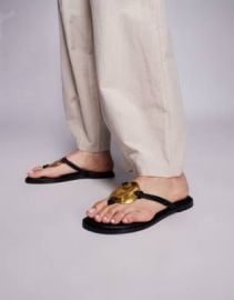Simmi London Bowe toe thong sandals with gold metal detail in black at ASOS
