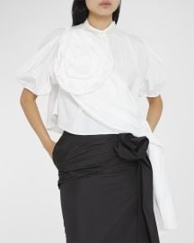 Simone Rocha Beaded Rose-Sash Puff-Sleeve Crop Shirt at Neiman Marcus