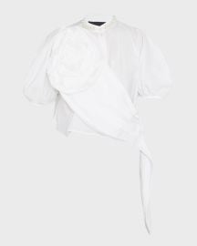 Simone Rocha Beaded Rose Sash Puff Sleeve Crop Shirt at Neiman Marcus