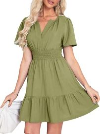 Simplee Women39s Summer Beach Wedding Linen Mini Dress Casual Short Sleeve V Neck Empire Waist Flowy Boho Sundress at Womens Clothing store at Amazon