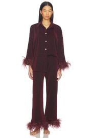 Sleeper Cosmos Oversized Lurex Pajamas Set With Detachable Feathers In Burgundy at Revolve