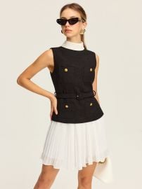 Sleeveless Belted Vest and Pleated Skirt Set COMMENSE at Commense