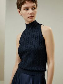 Sleeveless Cable-Knit High-Neck Sweater at Lily Silk