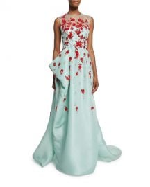 Sleeveless Draped Illusion Gown w Contrast Floral Appliques at Neiman Marcus