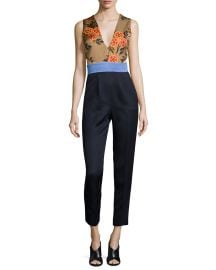 Sleeveless Floral-Combo Colorblock Jumpsuit at Neiman Marcus