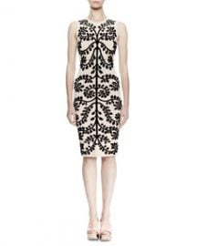 Sleeveless Leaf-Print Pencil Dress  Cameo Black at Neiman Marcus