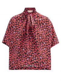 Small Kisses pussy-bow lip-print silk-crepe shirt at Matches