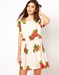 Smock dress in rose print at Asos