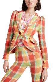 Smythe Plaid Puff Sleeve Cotton Blend Blazer in Tangerine Plaid  at Nordstrom