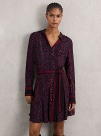 Snake-Print Belted Mini Dress in Burgundy/Black - Size US 0 at Reiss