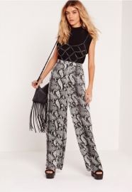 Snake print wide leg trousers at Missguided